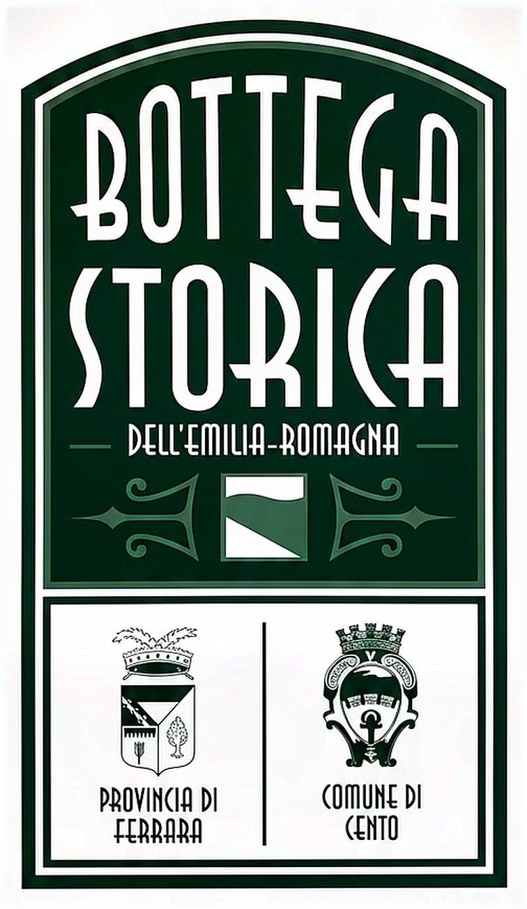 Targa di Bottega Storica dell'Emilia-Romagna di Antichita' Fallavena, con gli stemmi della Provincia di Ferrara e del Comune di Cento